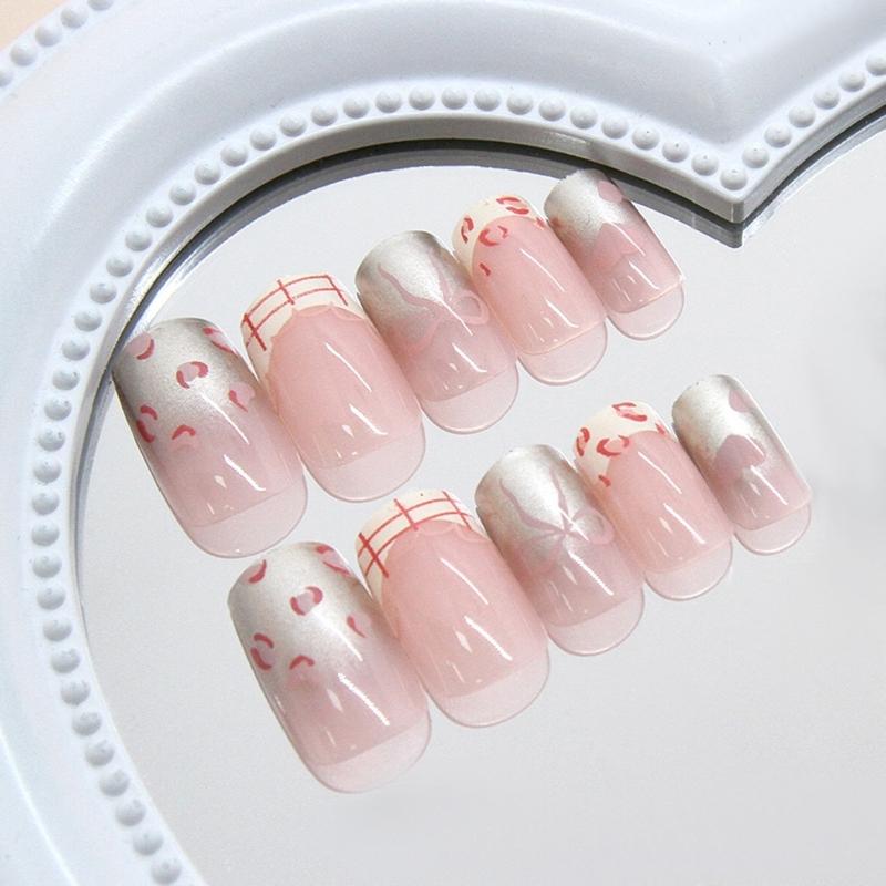 24pcs Acrylic Nail with Bows and Heart Designs Press On Nail Full Cover False Nail Manicure for Parties and Daily Wear