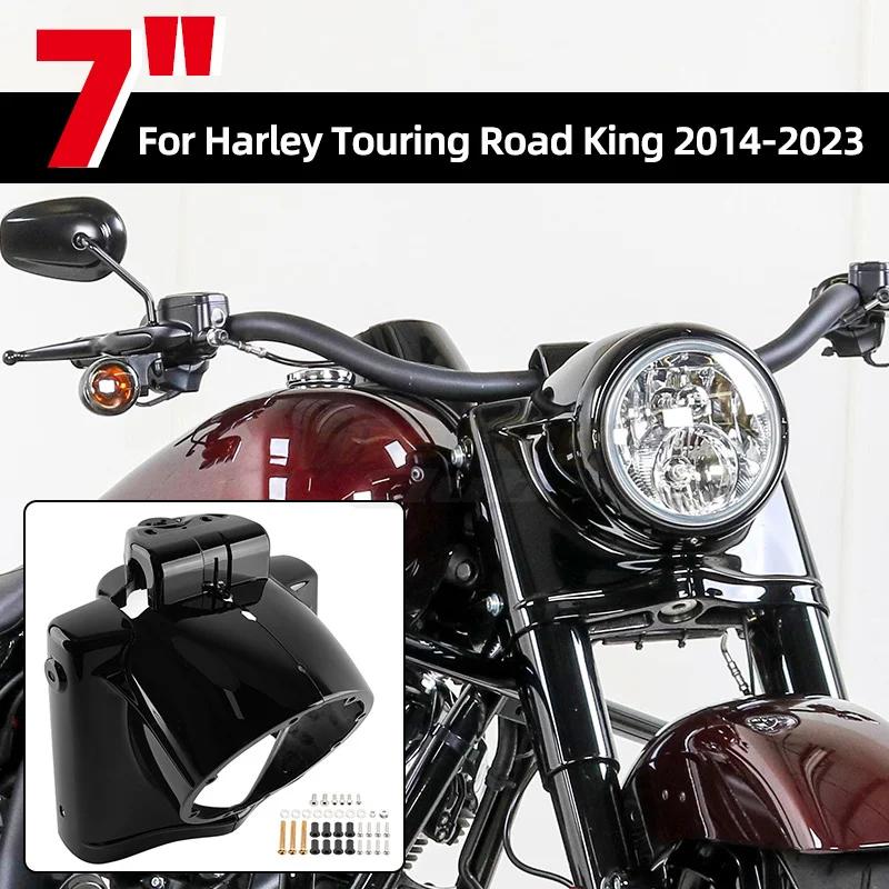 Motorcycle Cafe Racer 7inch Front Round Headlight Fairing Cover Bright Black Fits For Harley Touring Road King 2014-Up