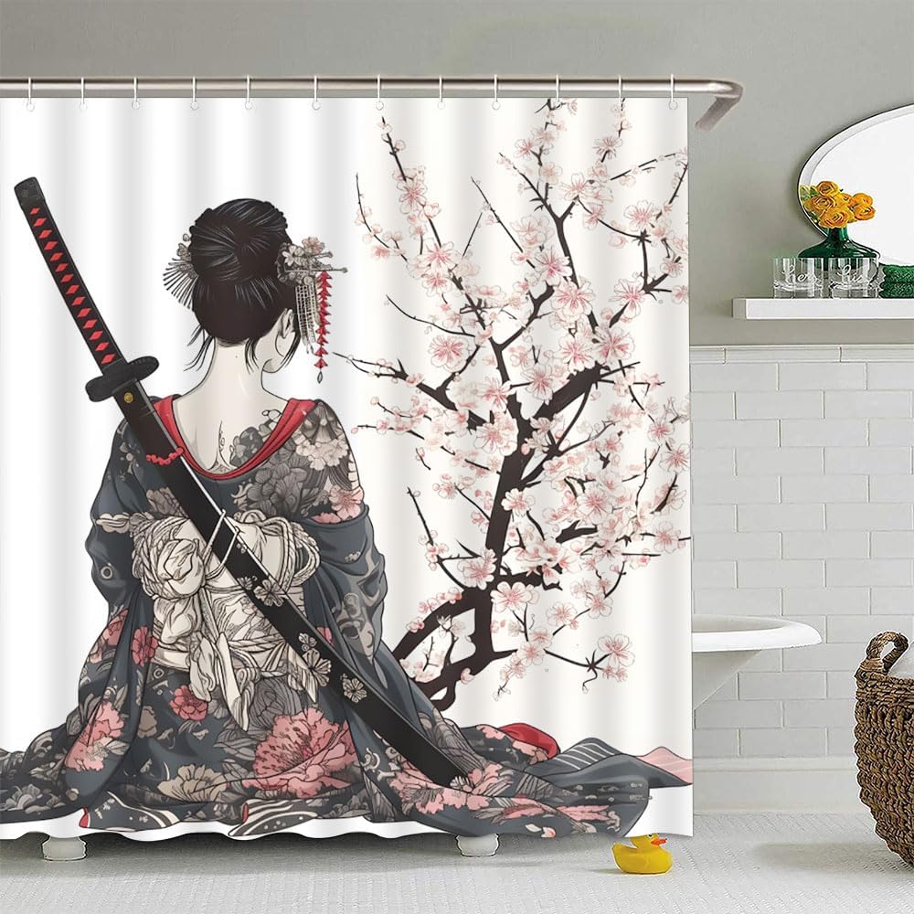 Körsbärsblomgren Duschdraperihänge Kvinnlig Anime Traditionell Tuschmålning Charmig Badrumsfönster Polyester Krok