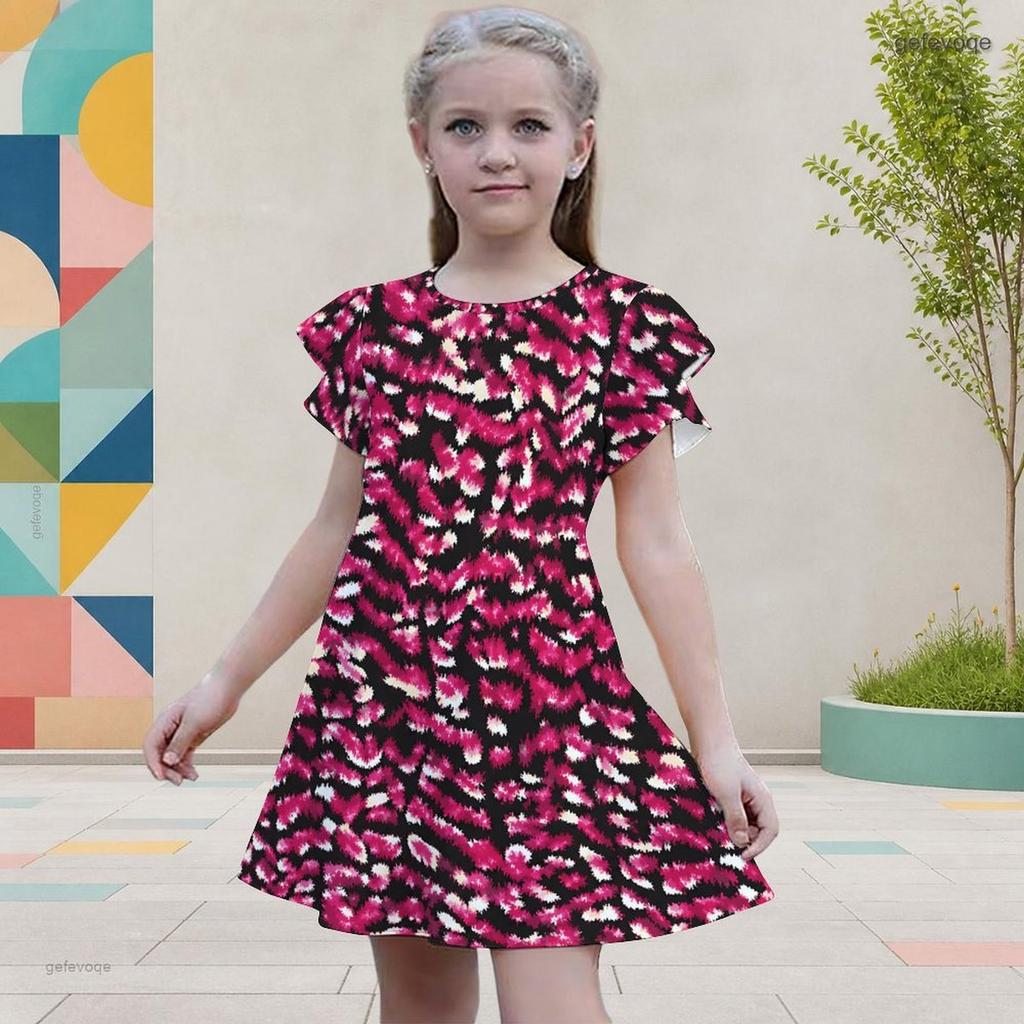 Girls Round Neck Flutter Sleeve Printed Tie Dye A Line Flared Dress