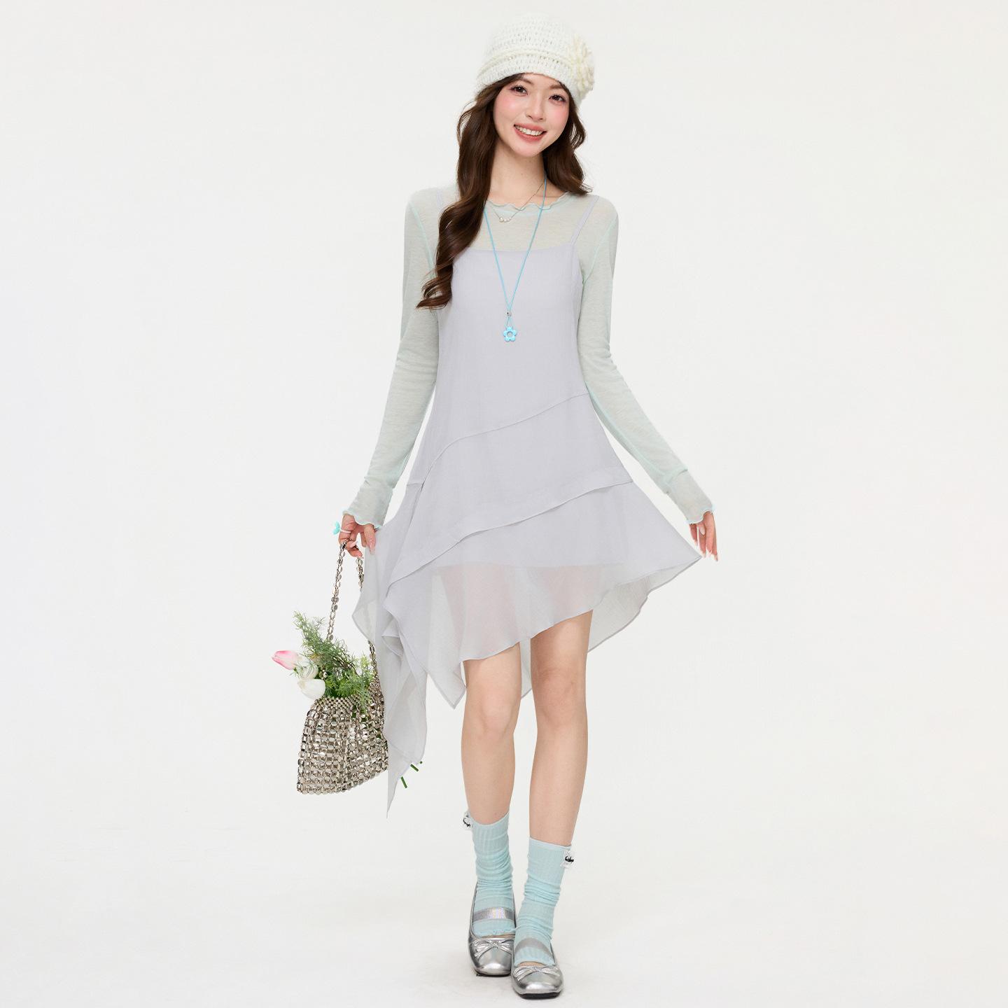 

Gray irregular sling vest dress spring and summer new outer wear stacked sleeveless medium and long vest skirt S серо голубой