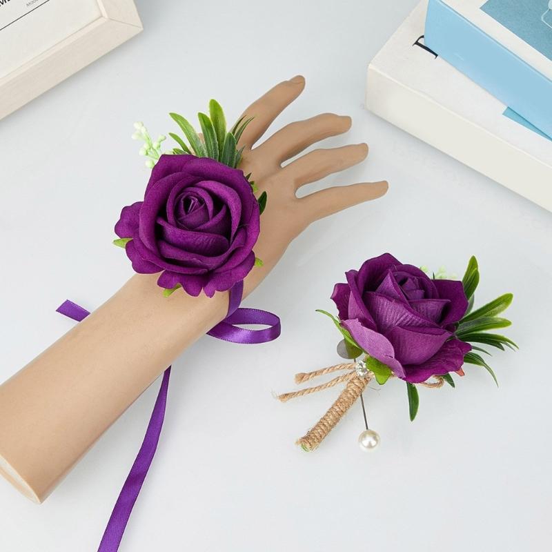 6Pcs Wrist Rose Corsages for Wedding Ceremony Anniversary Proms Party, Rose Boutonniere for Bride and Proms Party Suits
