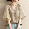 Vintage Shirts Summer Lace Crochet Blouse Women Lapel Neck Half Sleeve Tops Embroidered Femme Causal Work Shirt