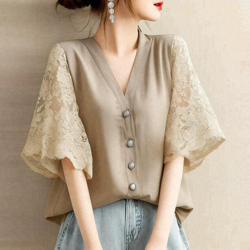 Vintage Shirts Summer Lace Crochet Blouse Women Lapel Neck Half Sleeve Tops Embroidered Femme Causal Work Shirt