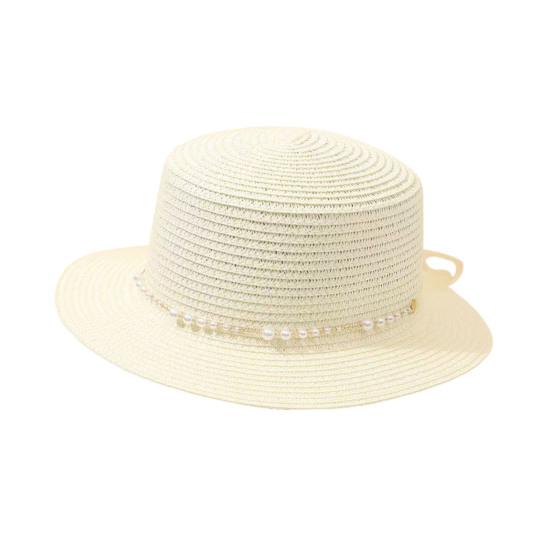 

Beach Hat Wide Brim Flat Top Imitation Pearls Trim Tulle Bow Decor Straw Hat Lightweight Breathable Sun Protection Hat L