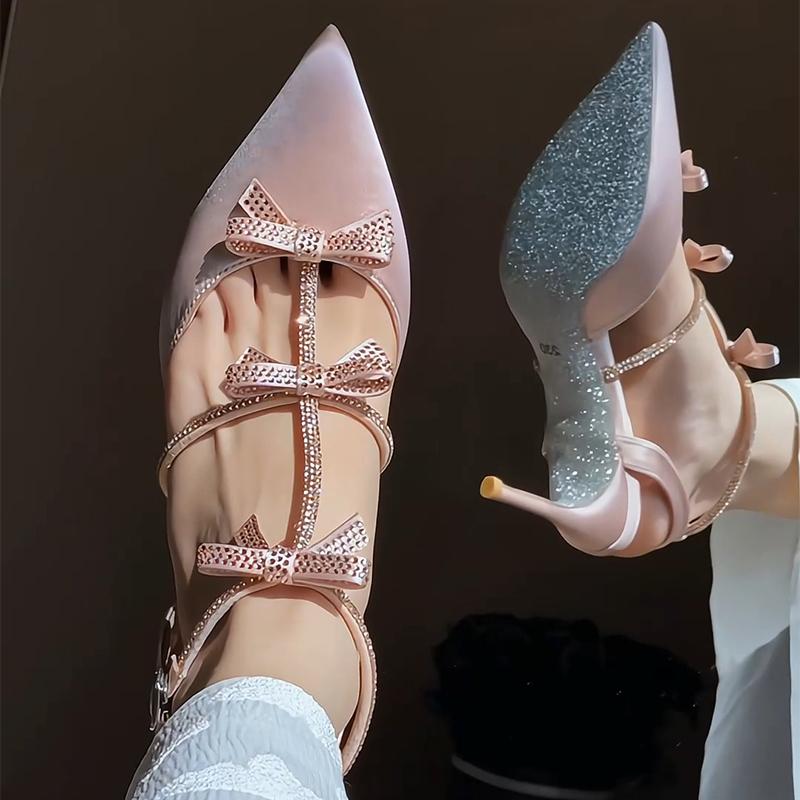 Fashion Fairy-Style Silk Satin Rhinestone Bow Tie Toe Sandals, Pointed Toe Stiletto High Heels, Women'S Shoes