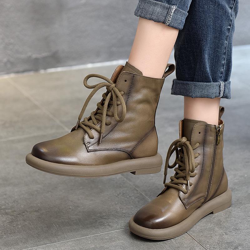 Short Boots Soft Leather Women's Round Head Lace-up High-top Boots Autumn and Winter Versatile Martin Boots Single Boots Women's Cotton Boots