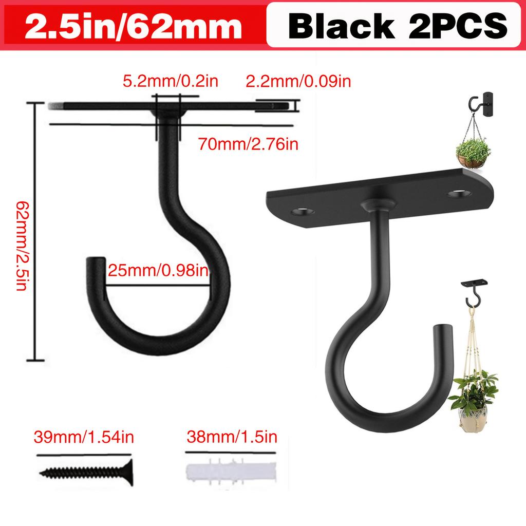 2Pcs Black Ceiling Hooks, Suitable For Plants, Bird Feeders And Decorations - Easy-To-Install Wall-Mounted Hangers, Suitable For Lamps, Lanterns