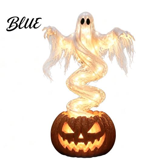 Glowing Tabletop Figures Ghost Pumpkin Yard Lamp Halloween Resin Figurine with Warm LED Light Battery Operated Glow Ornaments Spooky Swirling