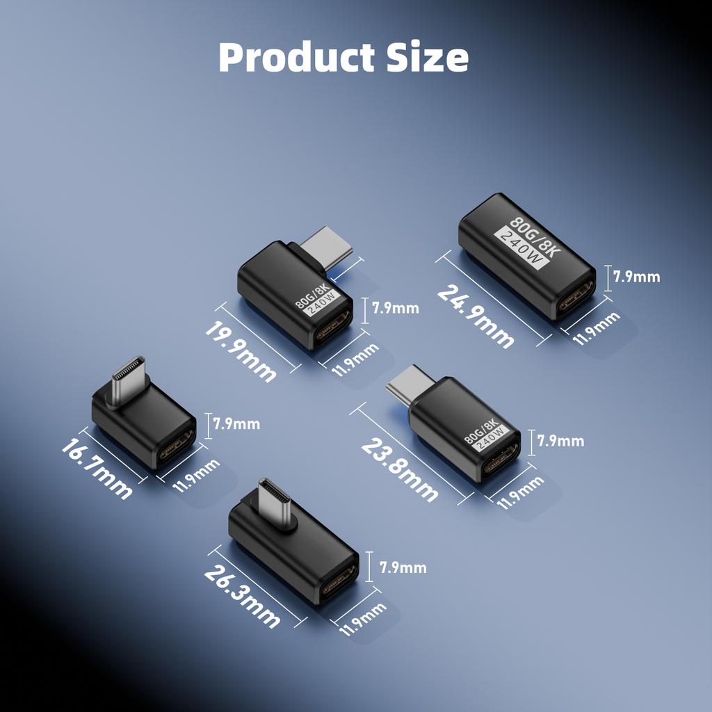 USB4 V2 90 Degree Type C Angle Adapter 80Gbps Thunderbolt 5 4 3 Elbow Adapter 240W USB-C Cable Connector 40Gbps for MacBook Air