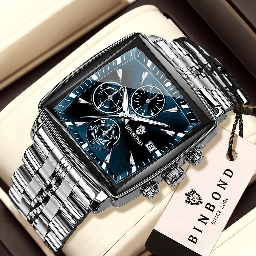 BINBOND Men Multifunctional Quartz Watch Three-Eye Six-Hand Business Stainless Steel Band Fashion Casual Wristwatch Reloj Hombre