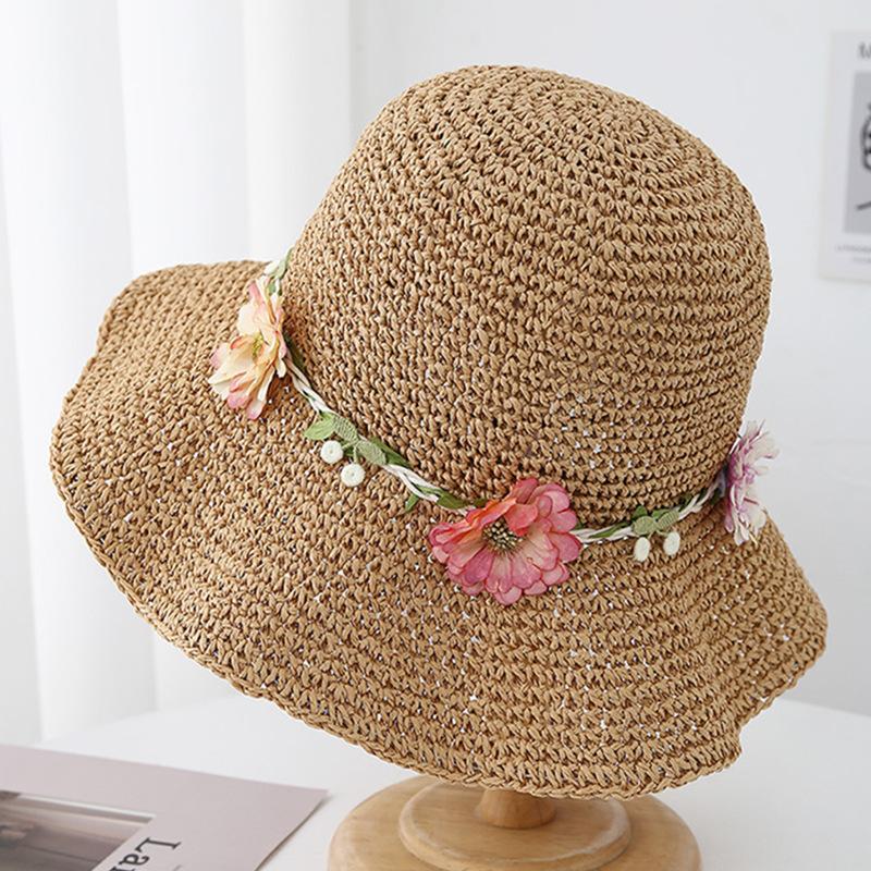 Garland flowers empty straw hat women summer travel sunscreen sunshade bucket hat women seaside vacation sun hat