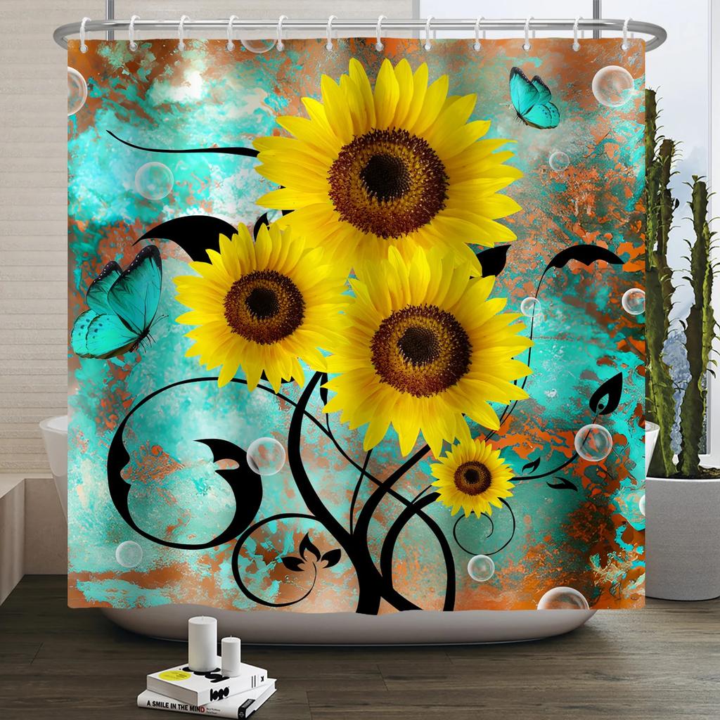 Rustic Sunflower Daisy Shower Curtain Butterfly Floral Vintage Country Farmhouse Flower Wooden Board Waterproof Bathroom Curtain