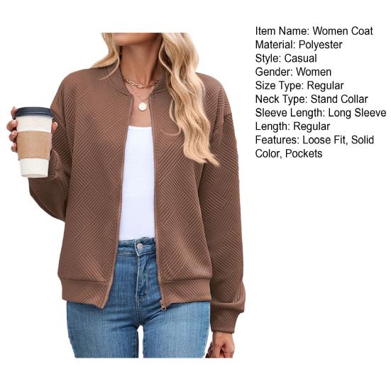 Women Coat Stand Collar Long Sleeve Zipper Closure Baseball Jacket with
