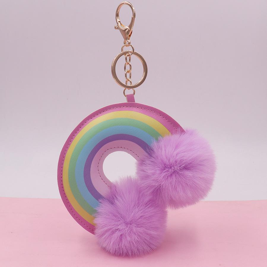 Siebenfarbiger Regenbogen Plüsch Schlüsselanhänger - Leder Pelzkugel für Taschen, Rucksäcke & Gepäck