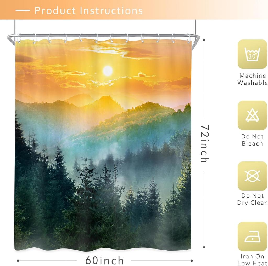 Sunrise Mountain Shower Curtain Forest Landscape Golden Sky Nature Art Warm Tone Bath Decor Waterproof Fabric Boho Style