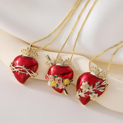 Fashion Red Oil Dripping Heart Pendant Necklaces For Women Gold Color Copper Party Jewelry Female