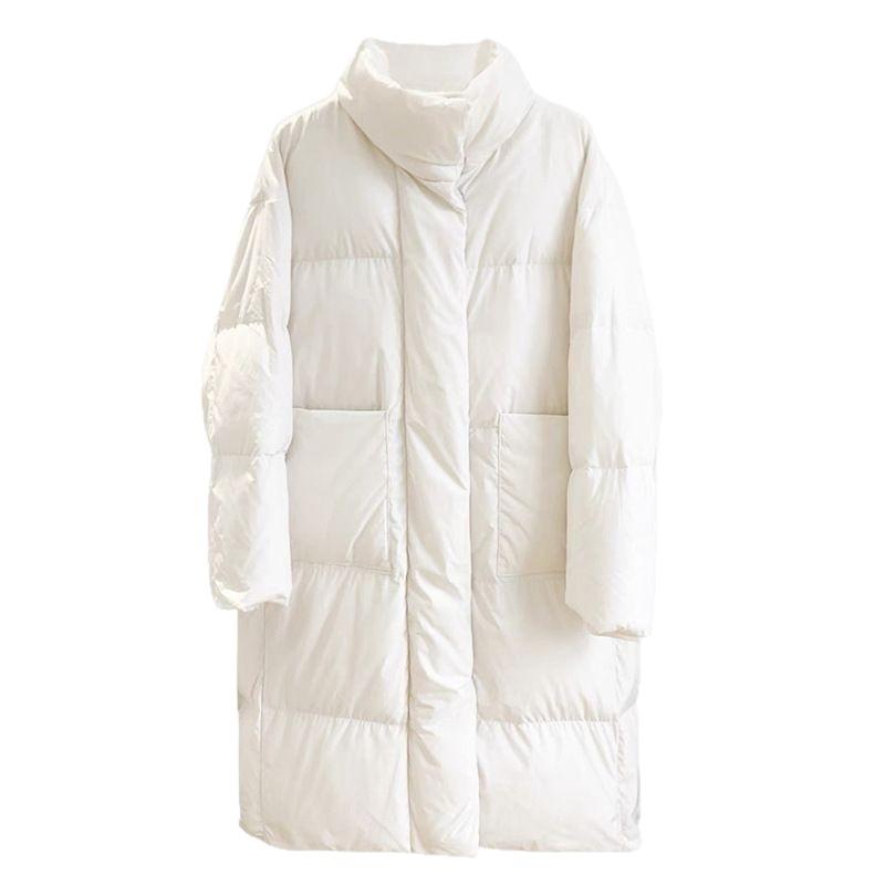 Stand-up collar medium and long down jacket women's solid color large pocket thickened white duck down warm jacket tide
