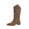 Embroidered Western Cowboy Boots Coarse Heel V Mouth Hole Knight Boots Vintage Size Breathable Women's Boots - Fat