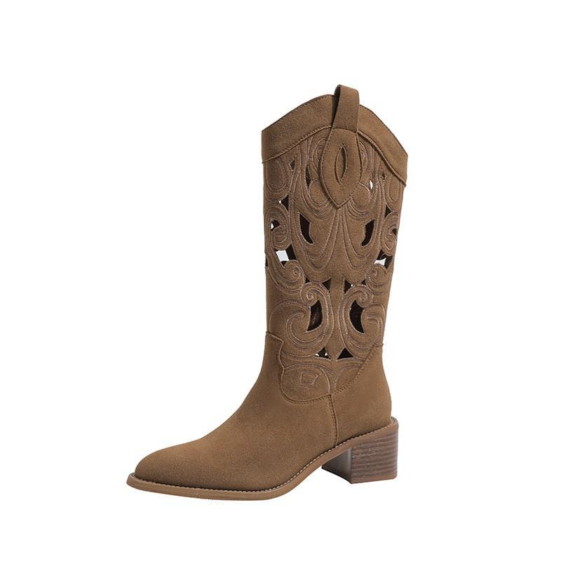 Embroidered Western Cowboy Boots Coarse Heel V Mouth Hole Knight Boots Vintage Size Breathable Women's Boots - Fat