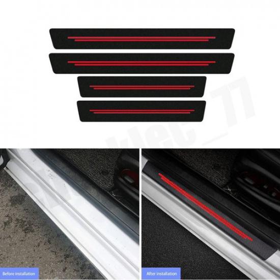 Carbon Fiber Leather Car Door Sill Cover Protector Sticker Trim Accessories Red