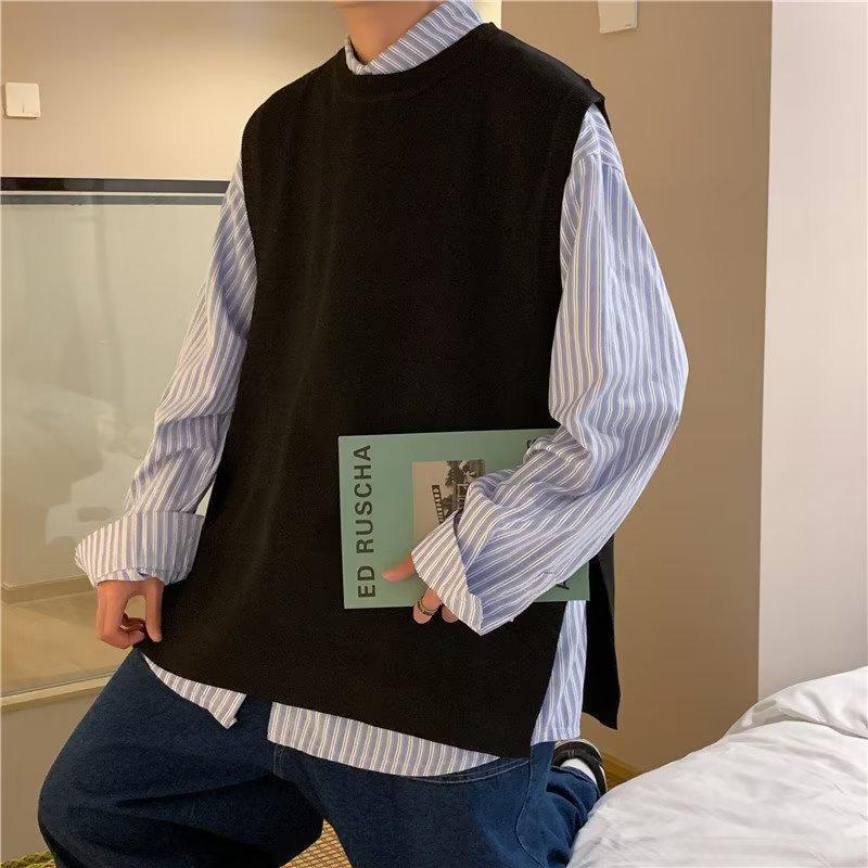 Men's Split Sweater Vest - Hong Kong Style Trendy Loose Knit Waistcoat for Spring & Autumn