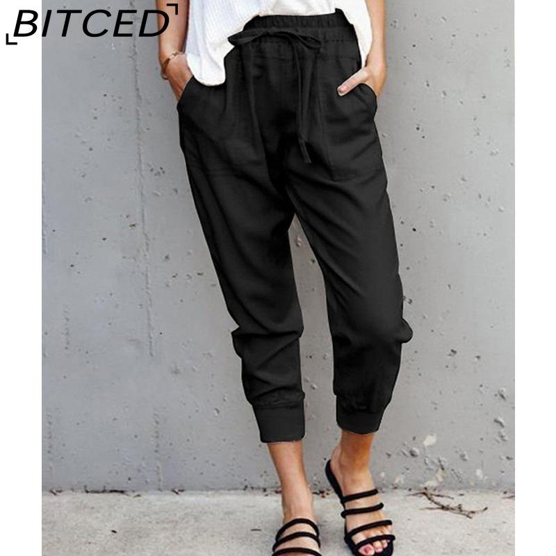 BITCED Summer Women Loose Plus Size Solid Color Simple Lace Up Slim Casual Nine Point Slimming Trousers