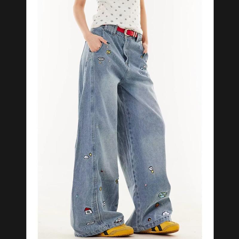 College style American retro cartoon jeans men and women loose couple straight washed wide-leg casual pants men