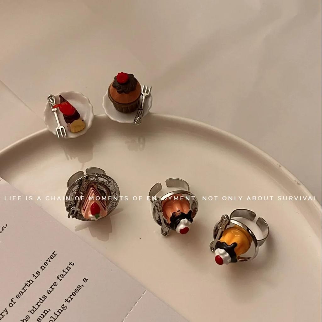 Fashion Hip Hop Design Cake Ring Cherry Chocolate Fruit Cake Afternoon Tea Ring Birthday Gift Accessories Cute Food Rings Girl
