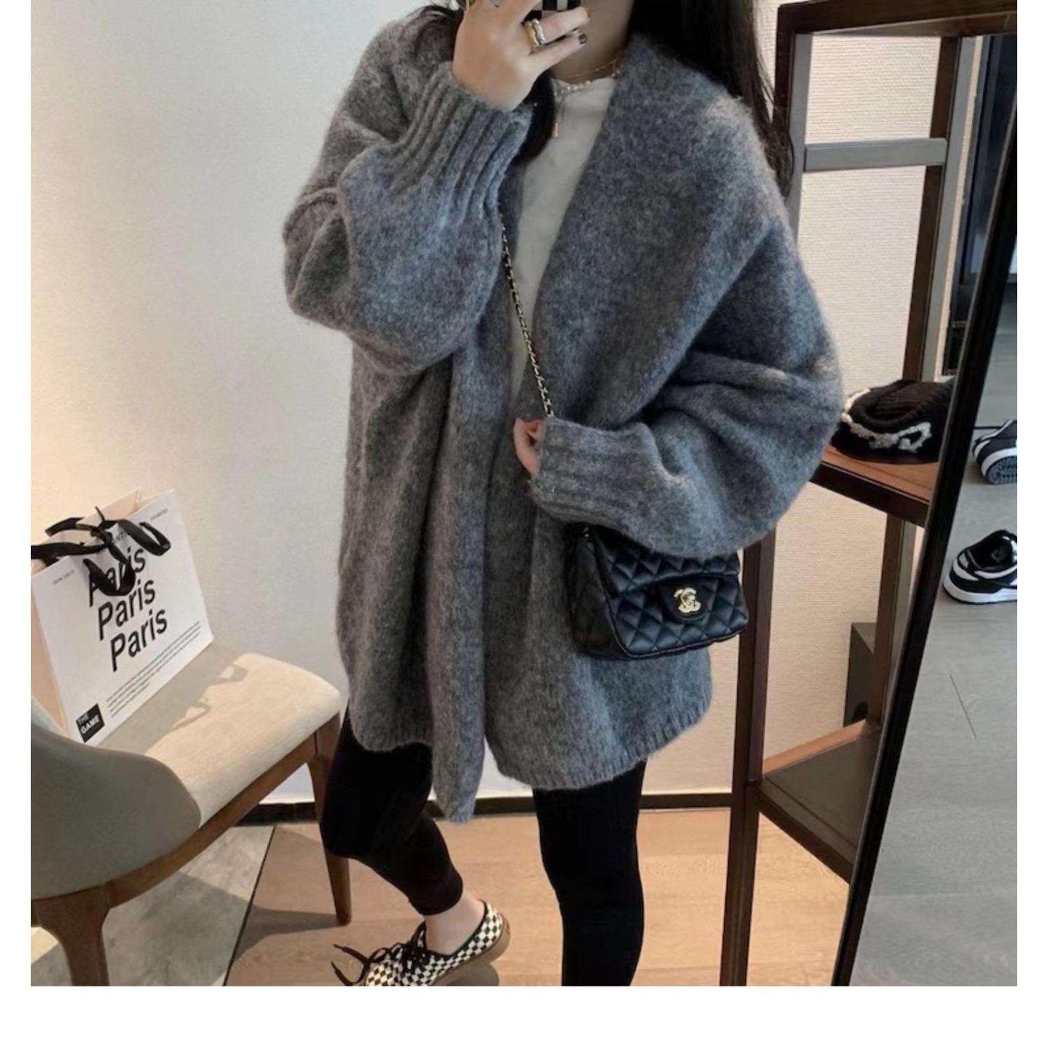 

GMXIA Женская свободная одежда весна и осень однотонный ленивый ветер легкий ветер свитер кардиган свитер для улицы One size серый