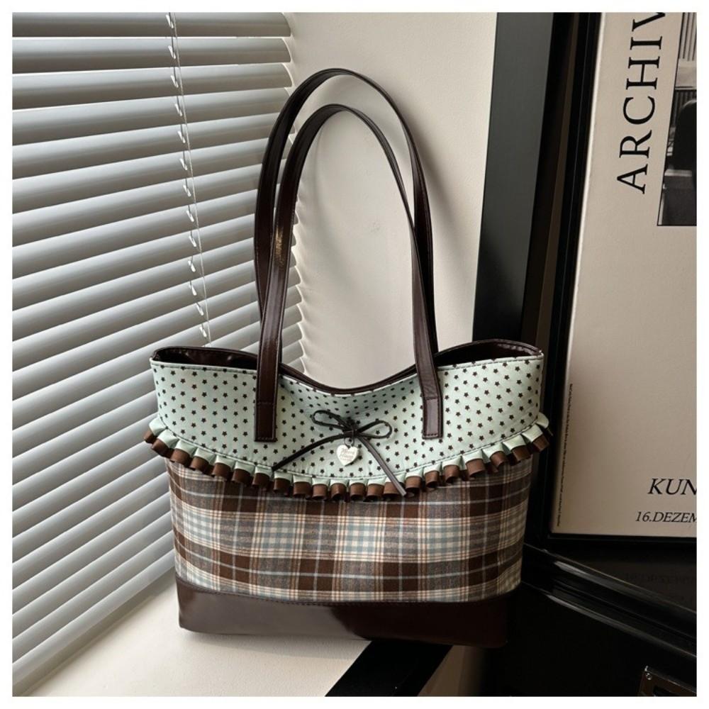 Trend Mint Green Lace Plaid Tote Bag Bowknot Polka Dot Shoulder Bag Cloth Large Capacity Patchwork Handbag Casual