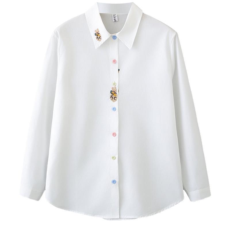2026 Spring Plus Size Women's Cotton Long Sleeve Embroidered Shirt, Colorful Button Lapel Cardigan, Versatile Top 070