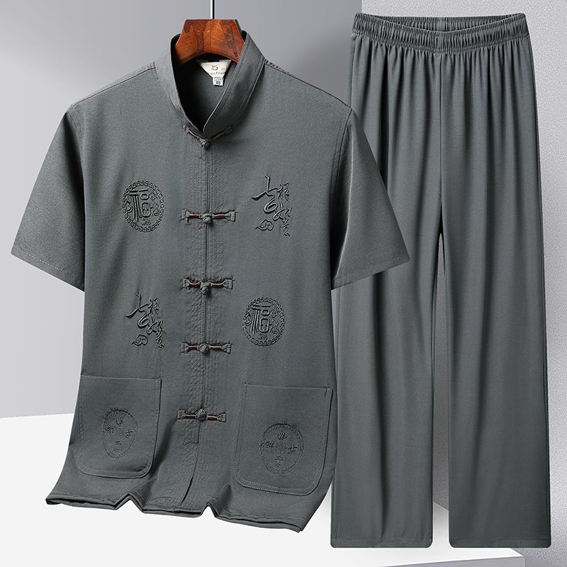 Embroidery Kung Fu Tai Chi Set Plus Size Cotton Linen Men Tang Suit Hanfu Chinese Style Casual Short-Sleeved Shirt Trousers Suit