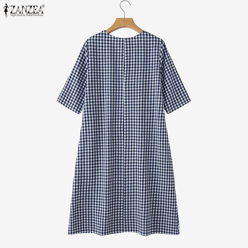 ZANZEA Women Plaid Print Casual Round Neck 3/4 Sleeve Loose Dress