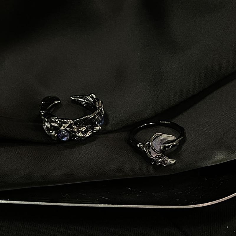 Dark Moon Bone Orchid Crescent Opening Ring Light Luxury High-End Niche Design Unique Fashion Personality Index Finger Ring