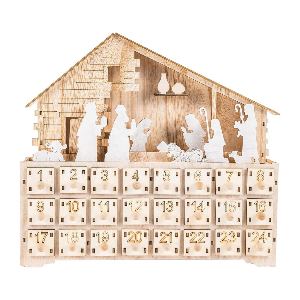 Nativity Scene House Advent 24 Days Wooden Christmas Decor Crafts Countdown Calendar Drawer With LED Light For Indoor Holiday