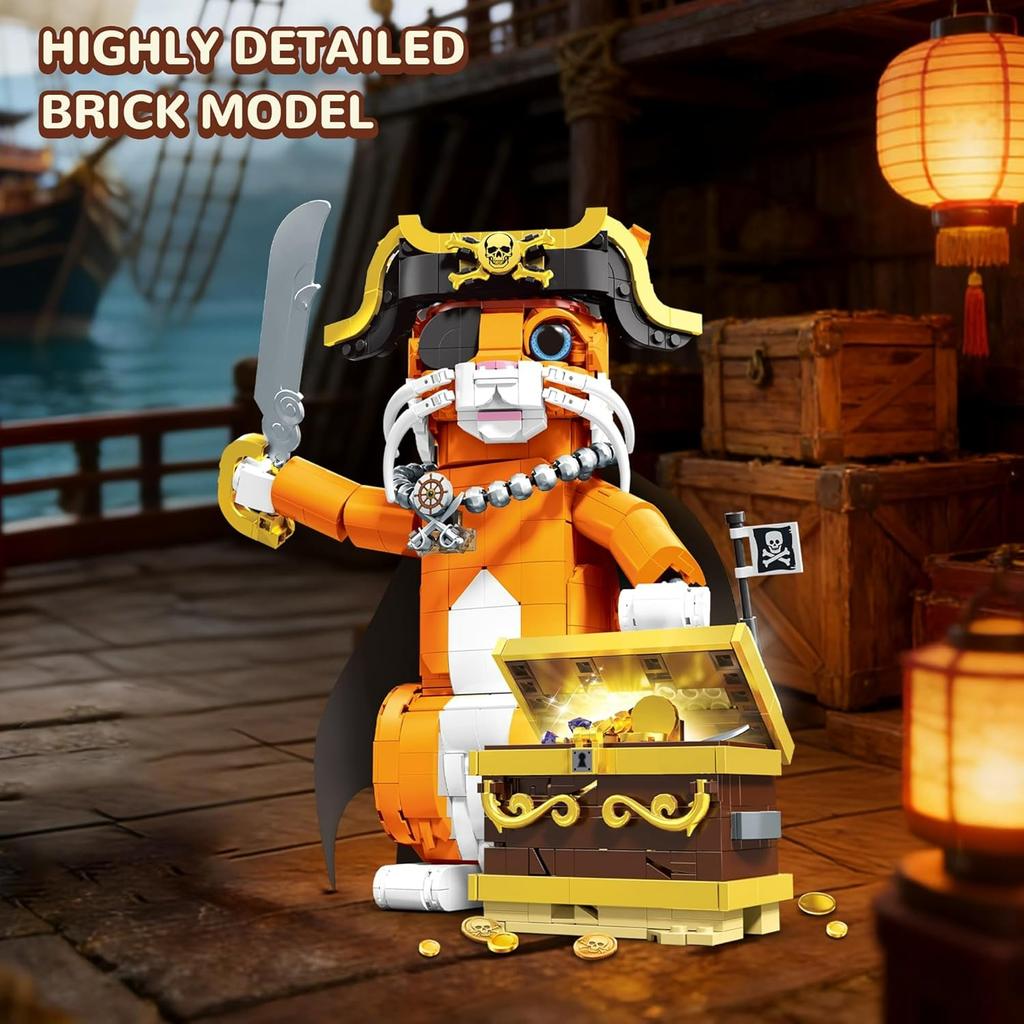 Pirate Cat Building Set with Treasure & Hat for Adults, Compatible with Lego Animal Caribbean Captain Orange Model Kit Collection for Adults - 1424PCS
