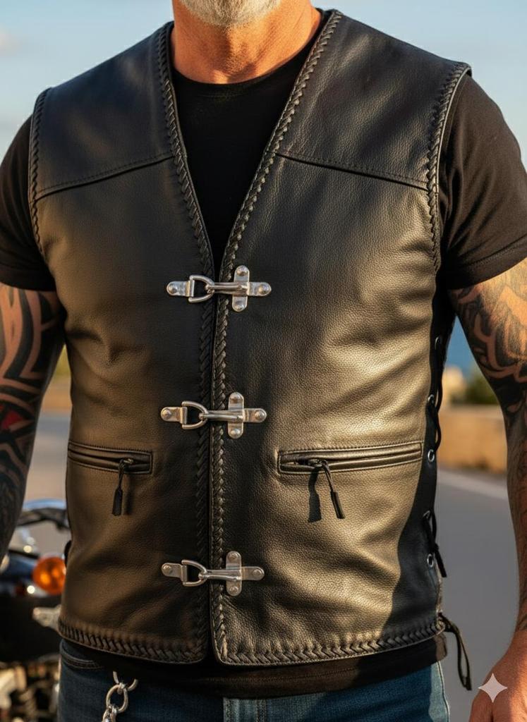 Herren-Lederweste für Motorrad, geflochtene Weste mit Metallhaken
