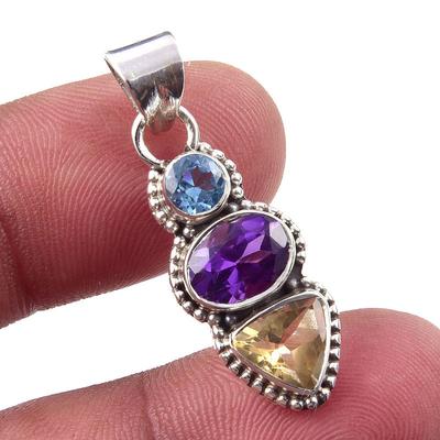 Natural African Amethyst, Citrine 925 Solid Sterling Silver Pendant 1.25'' S7Z71