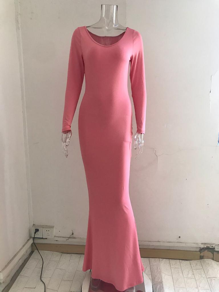 Damska Sukienka Casualowa Długa z Długim Rękawem i Dekoltem w Serek w Jednolitym Kolorze