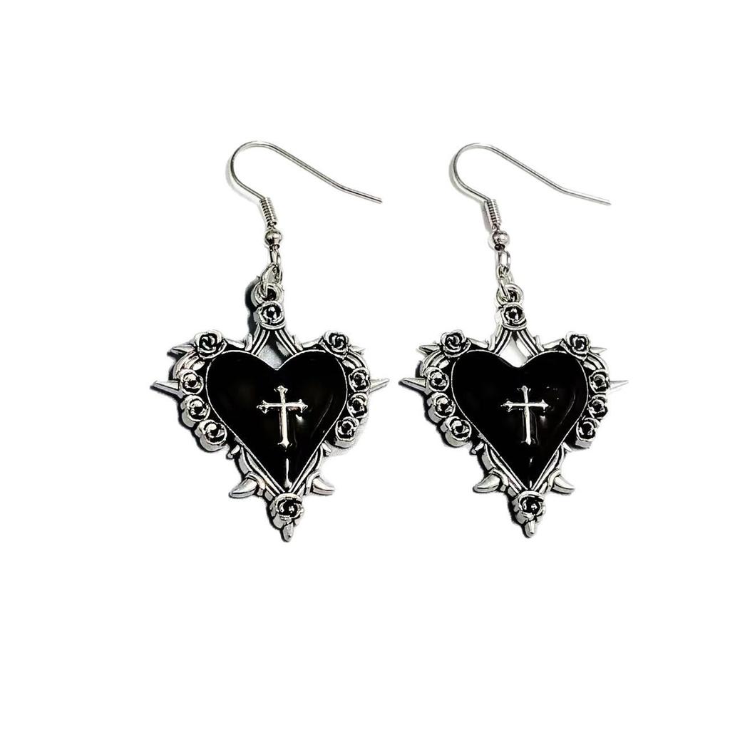 Goth Jewelry Thorns Heart Cross Earrings Red Drip Oil Rose Flower Earrings for Women Punk Charms Accessories Grunge Earrings