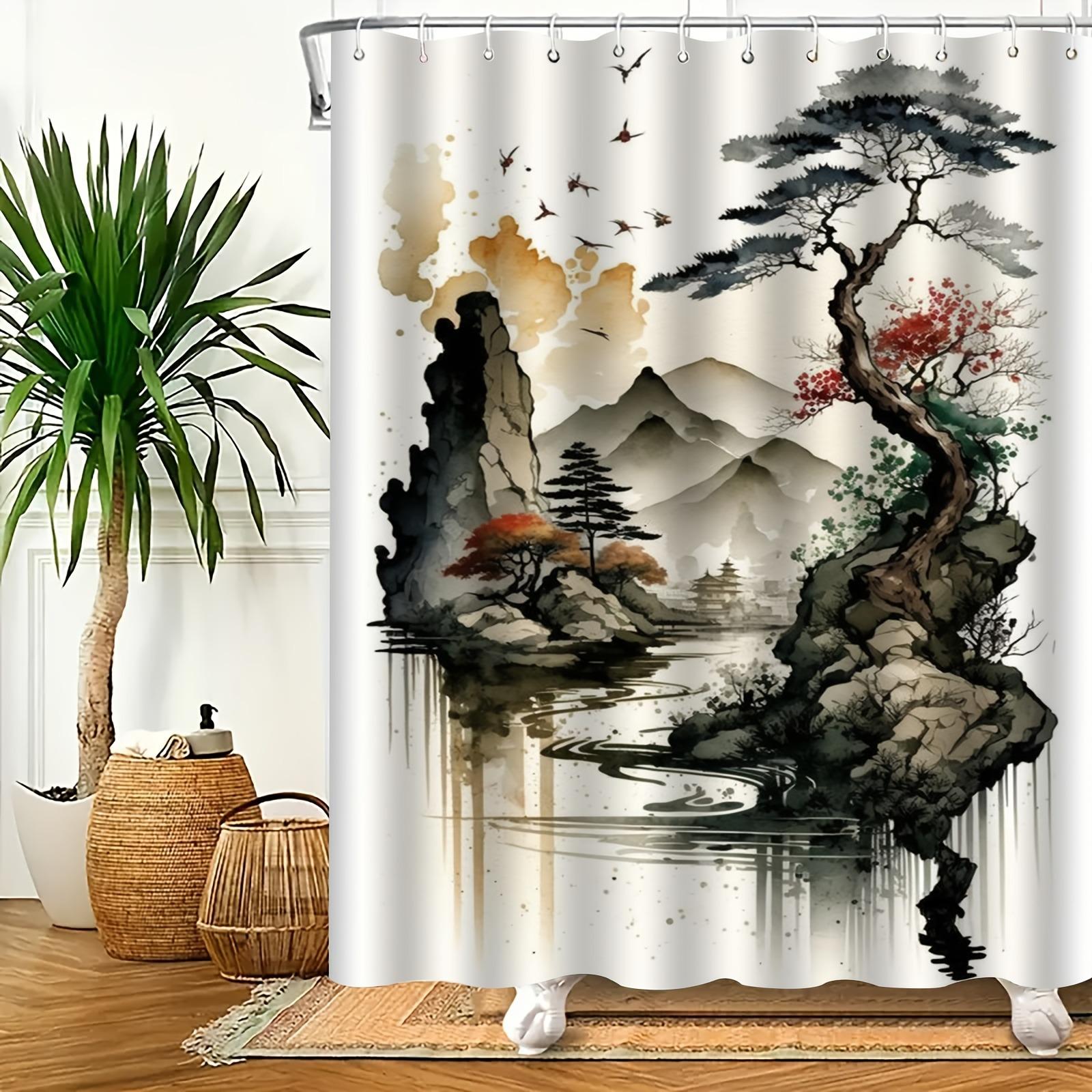 

Elegant Landscape Ink Pattern Shower Curtain Washable Dirt-Resistant Shower Head Waterproof Polyester Bath Curtain W60H190(CM)-1 Pcs