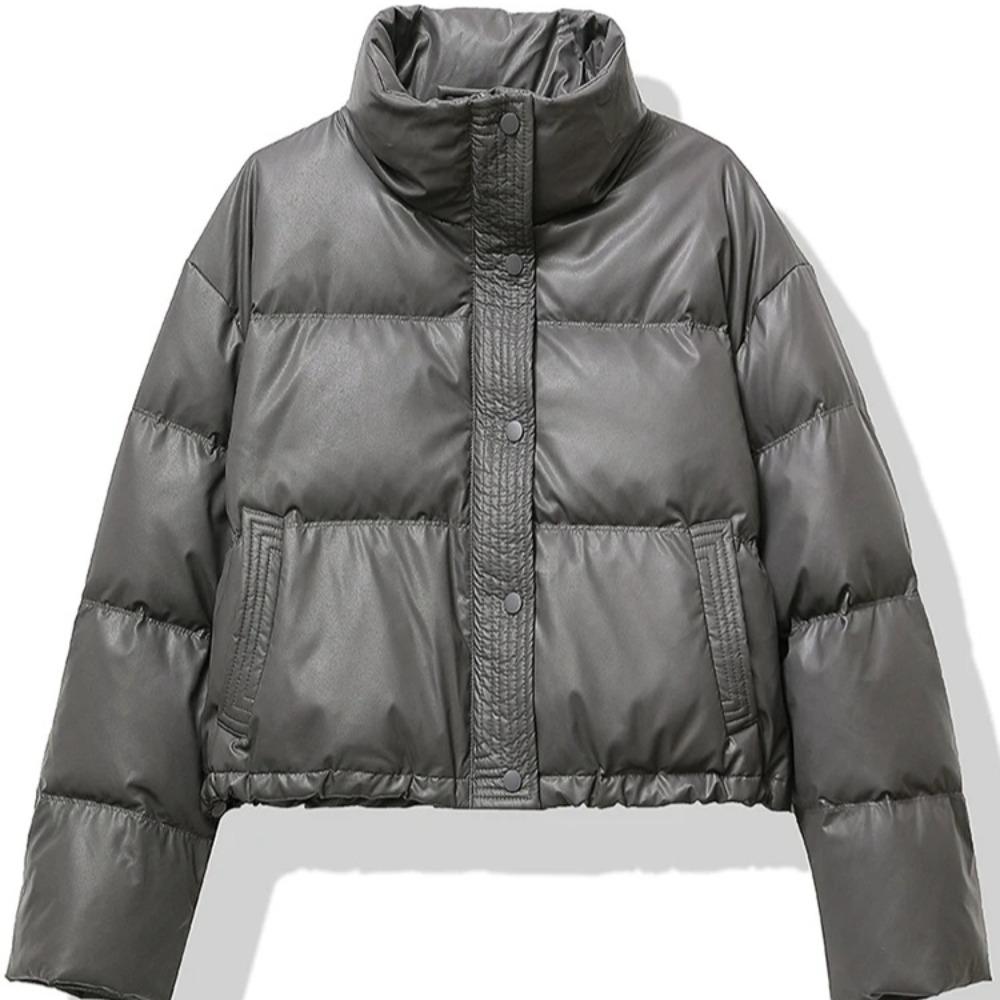 Women Thickened Mock Neck Cotton-padded Jacket Single Breasted Pocket Casual Down Coat Winter Warm Loose Short Coat Fall