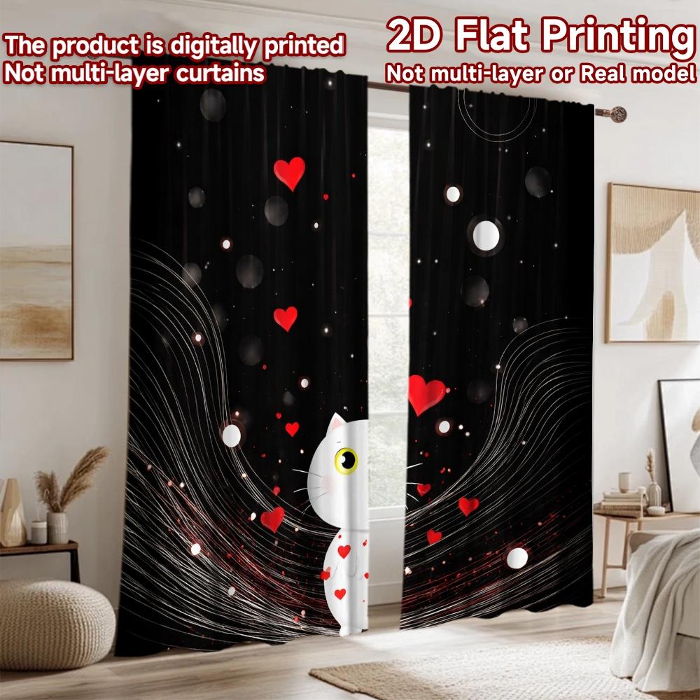 2D flat printing 2pcs Curtain Party Window Curtains Valentine's Cute Cat Digital Printed Polyester Drapes Seasonal Party &