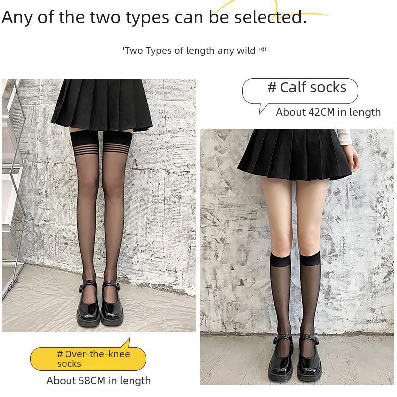 Women's Black Anti-Snag Mid-Calf Stockings - Trendy Japanese-Style Over-the-Knee Thin Summer Socks