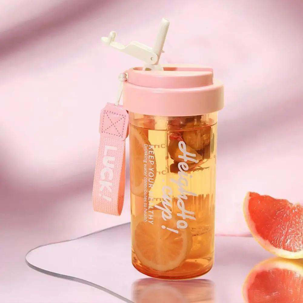 Portable Plastic Large Capacity Fruit Drink Bottles 600ml Water Bottle Transparent Folding Straw Water Bottle SummerWater Bottle