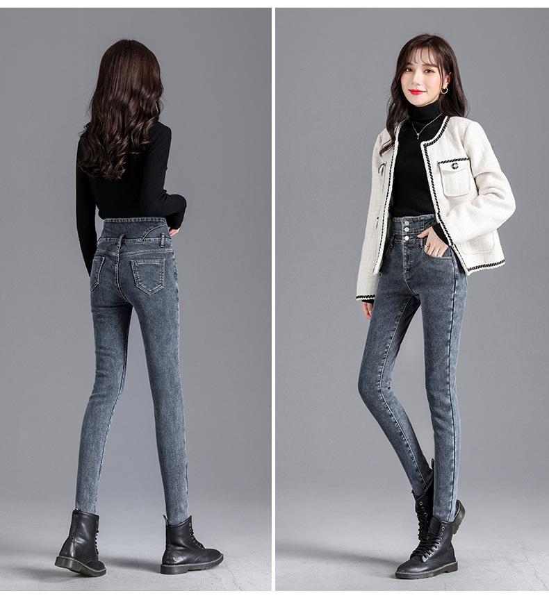 High-Waist Skinny Velvet-Lined Jeans - Women's Casual Japanese Korean Style, Autumn/Winter 2025.