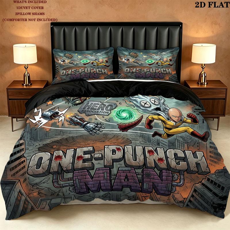סט מצעים ושמיכה עם הדפס One Punch Man כיסוי שמיכה ציפית לציפית מתנת יום הולדת לבית(1 * כיסוי שמיכה + 2 * ציפות, ללא ליבה)