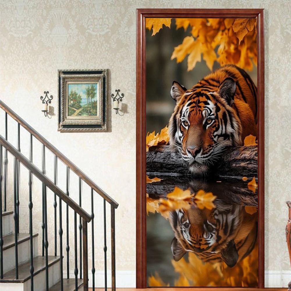 Pegatinas para puerta con diseño de león, realistas, despegables y pegables, para niños, decoración estética para sala de estar.