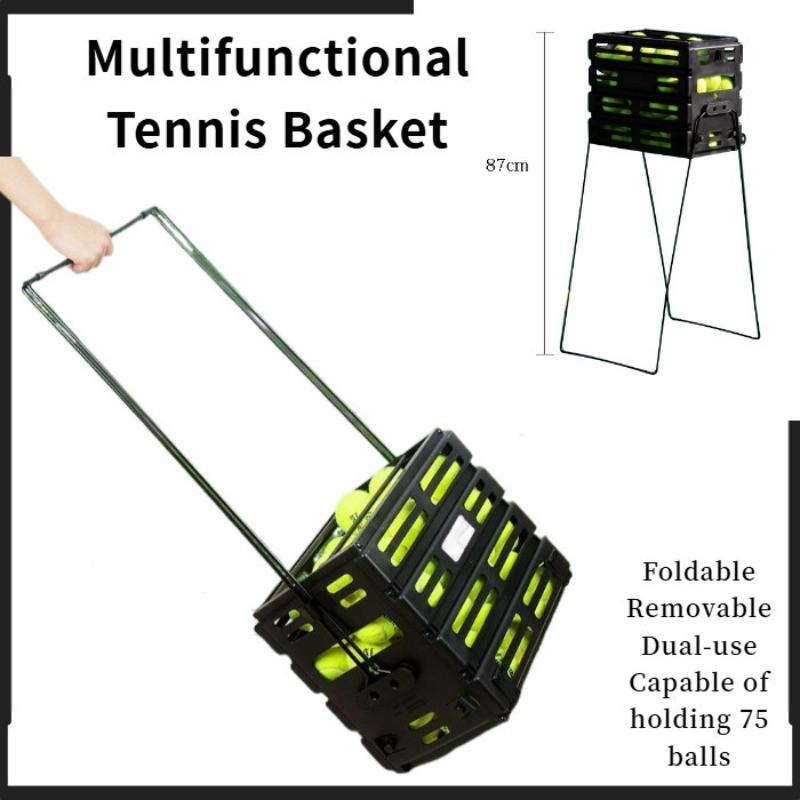 75 Balls Foldable Multifunctional Tennis Ball Basket Removable Ball Pickup Trolley Storage Tennis Basket Cart